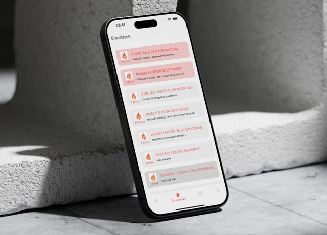 Ö.T.R.A. önkéntes tűzoltó riasztó app eseménylista képernyő