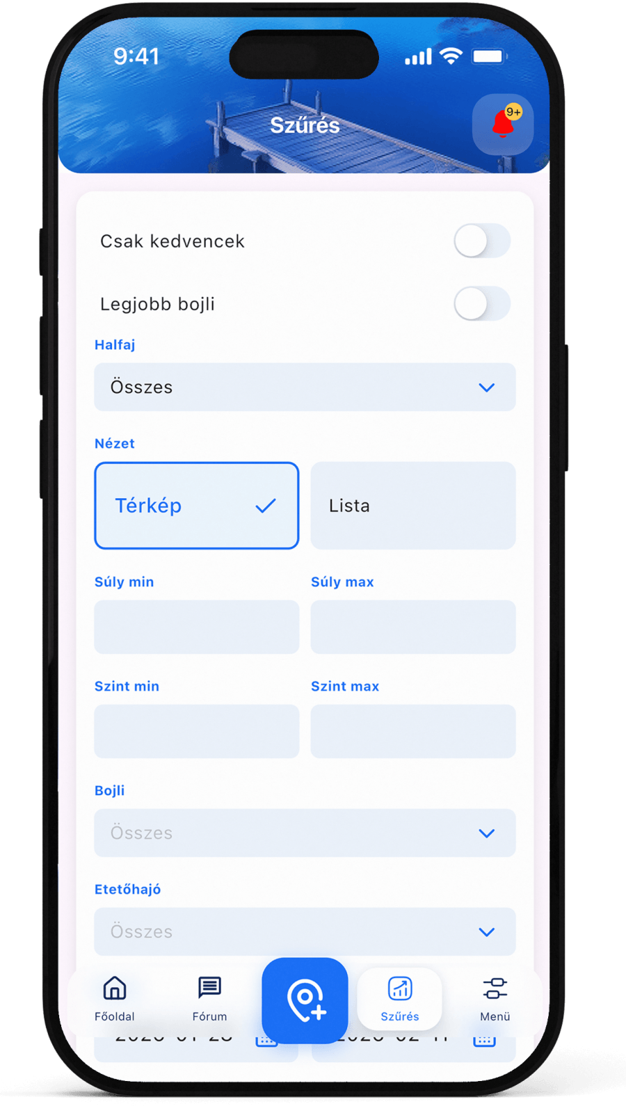FishMap horgász applikáció hőtérkép vizualizáció tesztelési képernyő
