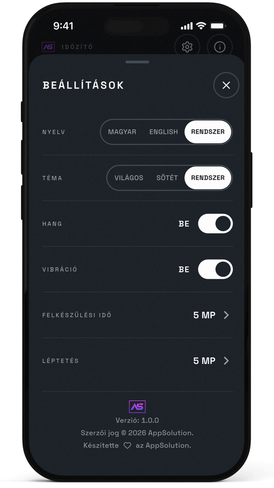 AS Timer köredzés időzítő app beállítások: nyelv, téma, hang, vibráció, felkészülési idő