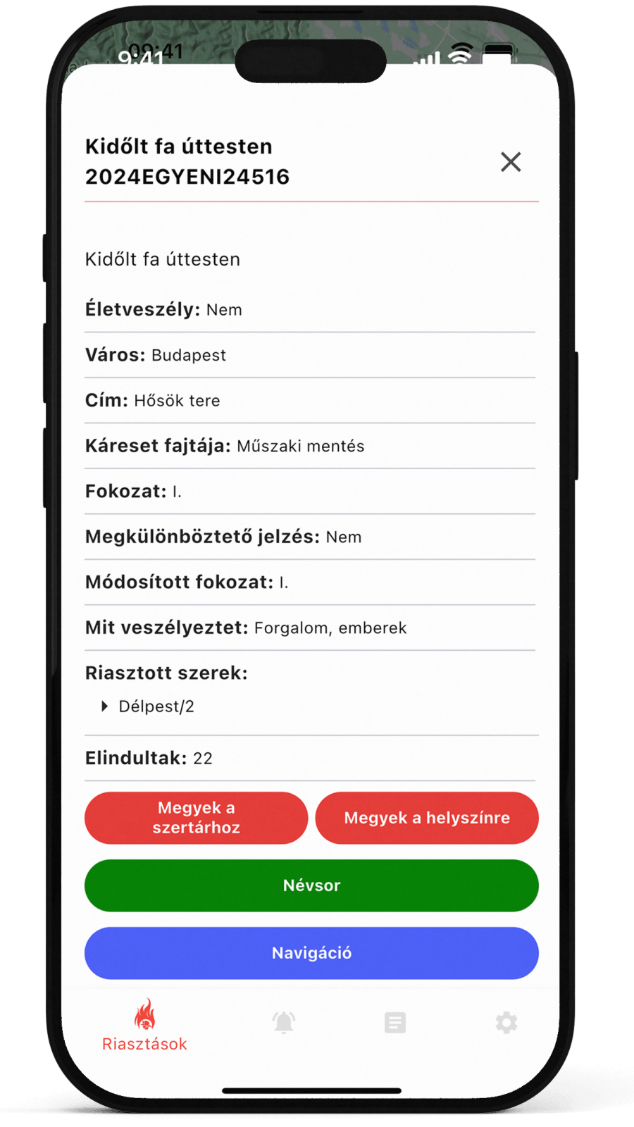 Ö.T.R.A. önkéntes tűzoltó riasztó applikáció riasztáskezelés képernyő