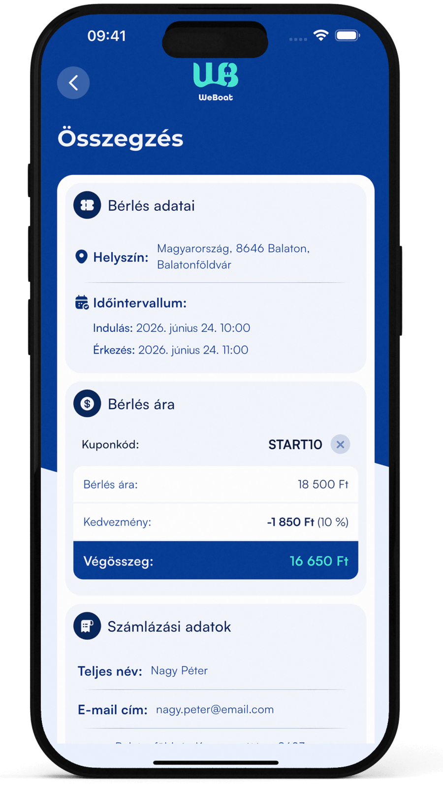 WeBoat hajóbérlő mobilalkalmazás foglalási folyamat képernyő